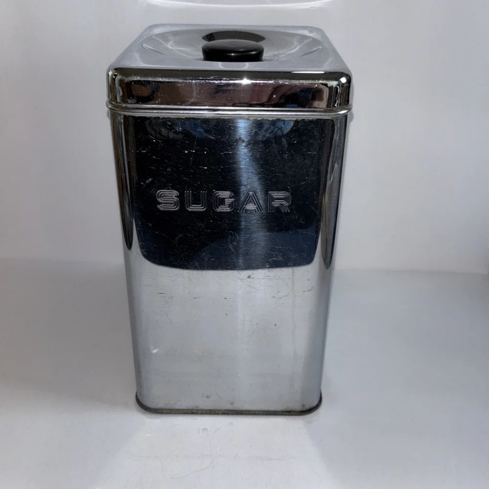 Vintage MCM Lincoln Beautyware Chrome Metal Kitchen Sugar Canister with Lid 9